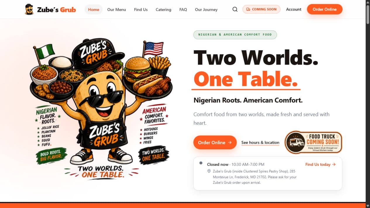 The Zube's Grub restaurant website and online ordering experience